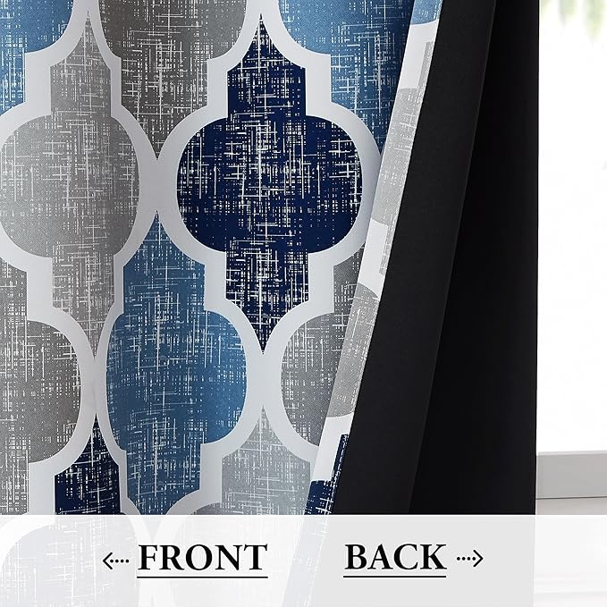Beauoop 100% Blackout Curtains 96 Inches Long 2 Panels for Bedroom Living Room Blue Grey Moroccan Geo Room Darkening Thermal Insulated Soundproof Grommet Top Window Treatments Drapes, 50x96 Set of 2