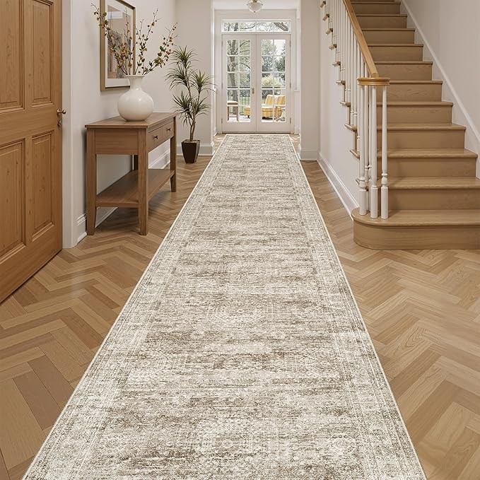 Hallway Runner 3x14 - Runner Rugs 14ft Washable Entryway Rug Vintage Kitchen Runners Non Slip Indoor Rug Farmhouse Carpet Runner for Bathroom Living Room Bedroom, Brown