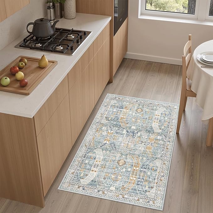 Madane Washable Area Rug 2x3, Small Entryway Rug Non-Slip Vintage Door Mat Indoor Entrance, Low Pile Floor Carpet for Inside Front Door Bedroom Kitchen Entry Laundry (2'x3', Blue/Gold)