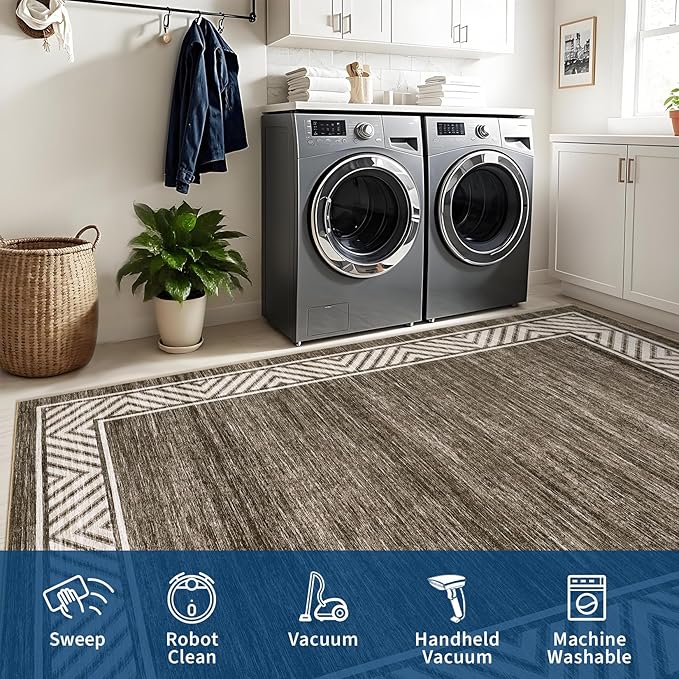 GarveeHome Washable Hallway Rug 2x6 Narrow Modern Bordered Floor Runner, Non-Shedding Contemporary Bedside Rug, Foldable Ultra-Thin Carpet Runner for Bedroom, Kitchen, Laundry Room, Brown