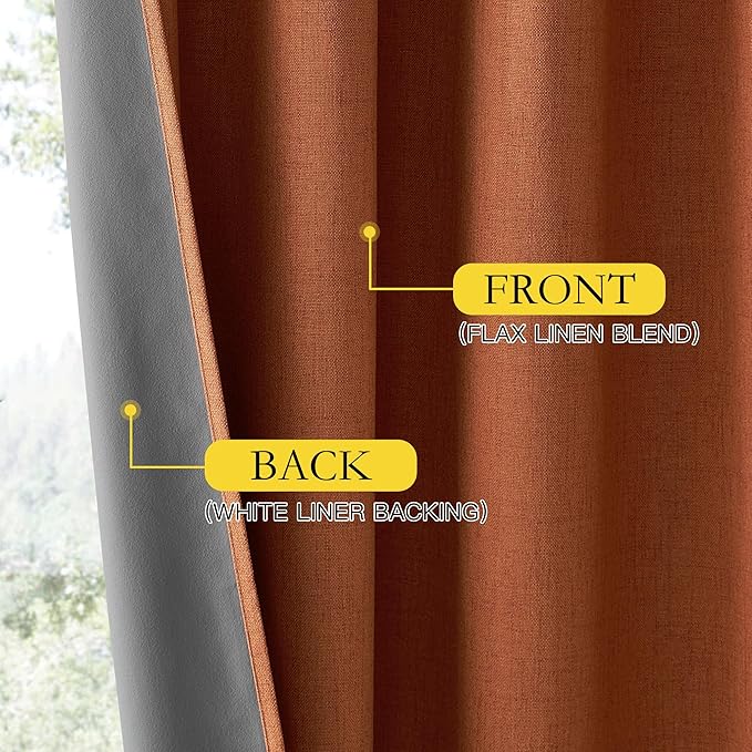 NICETOWN 100% Absolutely Blackout Linen Curtains with Thermal Insulated Liner, Terracotta, 52" Wide, 2 Panels, 90 inches Long Drapes, Grommet Retro Linen Curtains Vertical Drapes Privacy for Bedroom