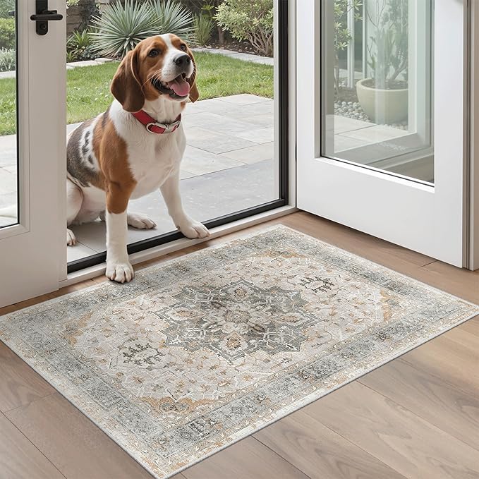 Madane Washable Area Rug 2x3, Small Entryway Rug Non-Slip Vintage Door Mat Indoor Entrance, Low Pile Floor Carpet for Inside Front Door Bedroom Kitchen Entry Laundry (2'x3', Light Taupe Brown)