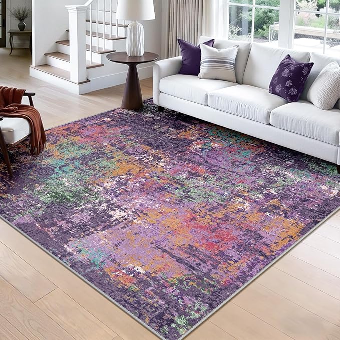 Washable Area Rugs Square 8ft Non-Slip Modern Abstract Soft for Living Room Entryway Bedroom Nursery, Print Pattern, Purple Orange Blue Green Rust Red Colorful