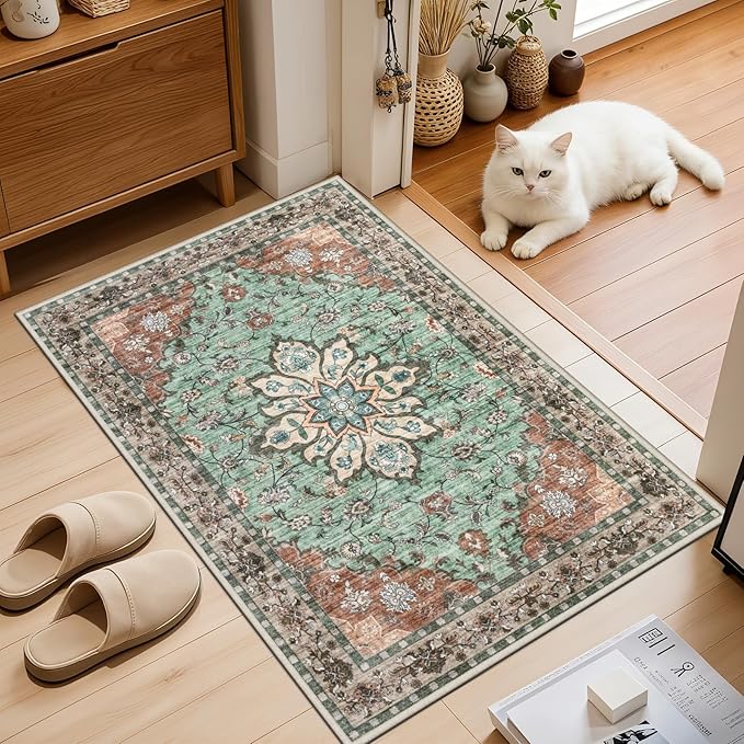 2x3 Area Rugs Living Room Rug: Washable Vintage Distressed Floral Rug No Slip Stain Resistant Soft Carpet Indoor Large Carpets for Bedroom Dining Room Farmhouse Nursery Hallway Home Office Brown Green