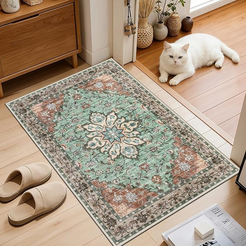 2x3 Area Rugs Living Room Rug: Washable Vintage Distressed Floral Rug No Slip Stain Resistant Soft Carpet Indoor Large Carpets for Bedroom Dining Room Farmhouse Nursery Hallway Home Office Brown Green