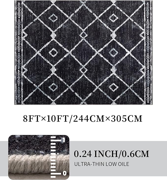 YIHOUSE Moroccan Rugs for Living Room, 8x10 Black and White Aztec Area Rug, Western Geometric Soft Low-Pile Washable Rugs for Bedroom, Dining Room