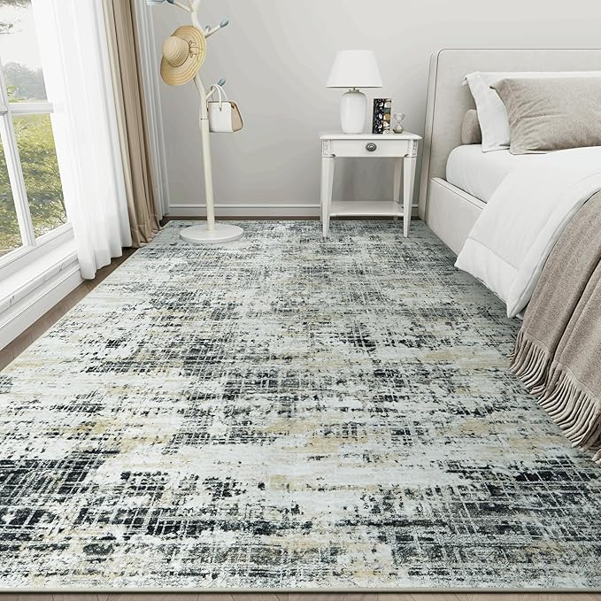 6x9 Area Rugs for Living Room Washable Rug: Anti-Skid Abstract Modern Living Room Rug Soft Thin Carpets Indoor Floor Non-Shedding Carpet for Bedroom Dining Farmhouse Nursery Black Gray Gold