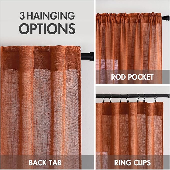 MIULEE Rust Curtains 96 Inch Length 2 Panels for Bedroom Living Room, Terracotta Soft Thick Linen Textured Window Drapes Semi Sheer Light Filtering Back Tab Rod Pocket Burlap Look Fall Decor