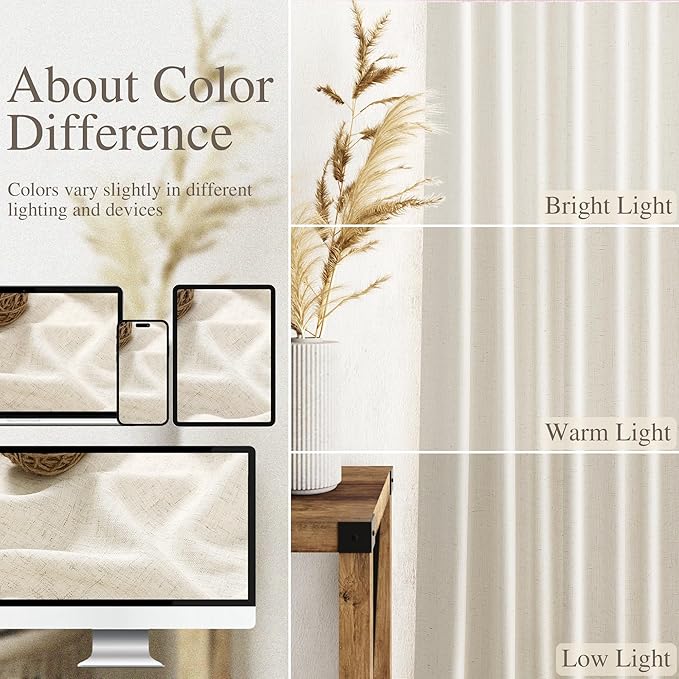 Warm Beige Linen Curtains 63 Inches Long 2 Panel Sets for Living Room Bedroom Rod Pocket Back Tab Light Filtering Drape for Kitchen Window Short Protect Privacy Curtain Modern Farmhouse Decor 52x63