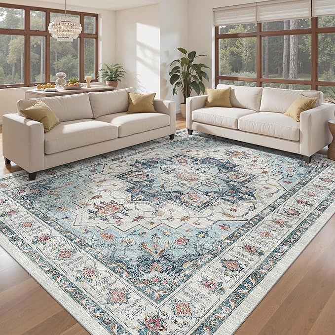 Madane Washable Rug 8x10 Area Rugs for Living Room, Ultra-Thin Non-Slip Backing Rug, Stain Resistant Vintage Large Area Rug for Bedroom (Blue, 8'x10')