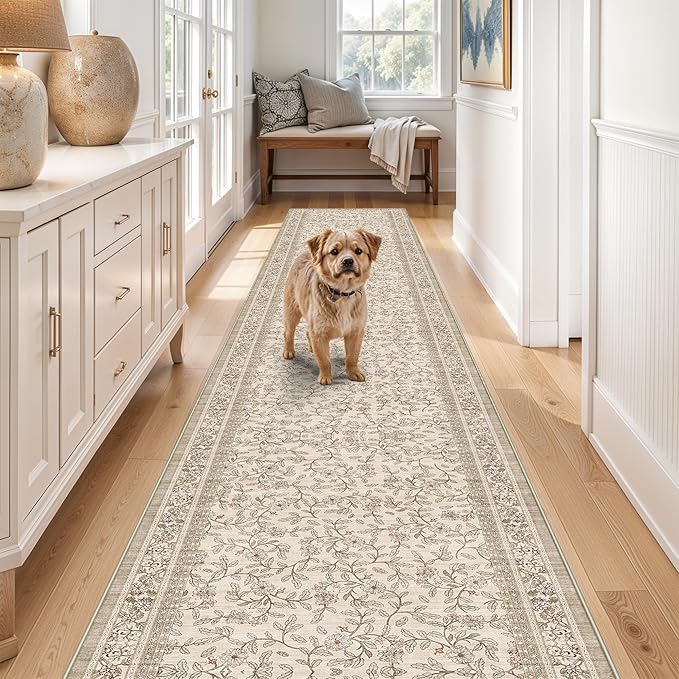 TOPRUUG 2x12 Washable Runner Rug - 12ft Runners for Hallway Non Slip Kitchen Rugs Soft Low Pile Carpet for Bedroom Bathroom Entryway - Stain Resistant Vintage Home Decor (Floral/Beige, 2X12)