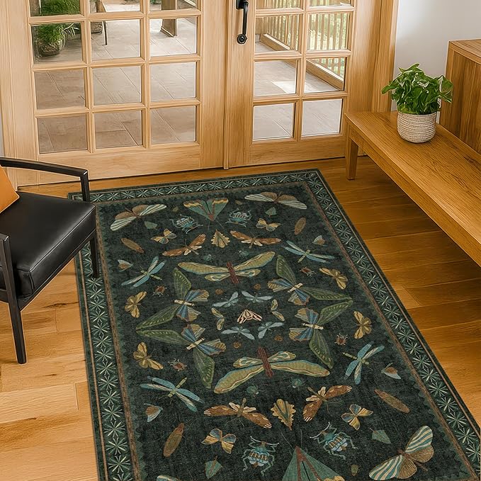 Green and Black Entryway Rug - 3x5 Throw Rug for Large Kitchen, Entry Way, Mudroom, Dark Unique Insect Print, Washable Low Pile Floor Carpet
