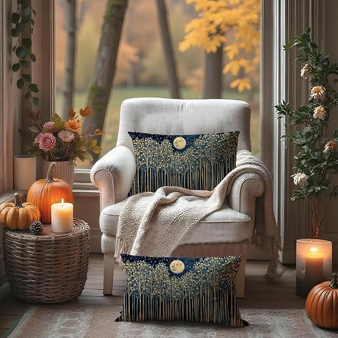Rustic William Morris Inspired Night Forest Green Moon Decor Pillow Covers 12x20 Set of 2,Vintage Botanical Nature Landscape Decorative Throw Pillow Covers for Home Bedroom Living Room