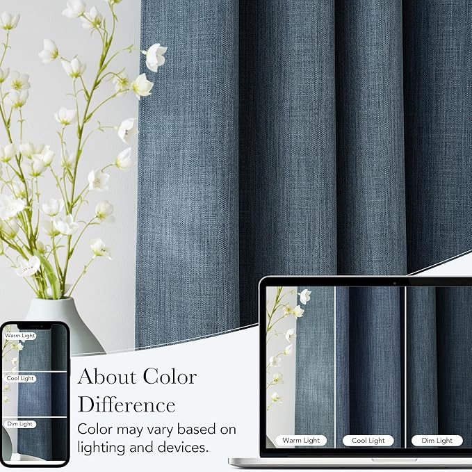 NICETOWN Short Faux Linen Mist Blue Blackout Curtains 63 inches Long for Kitchen - Privacy Panels for Living Room Bedroom, Modern Farmhouse Style Easy Care Grommet Top, 2 Panels, W42 by L63