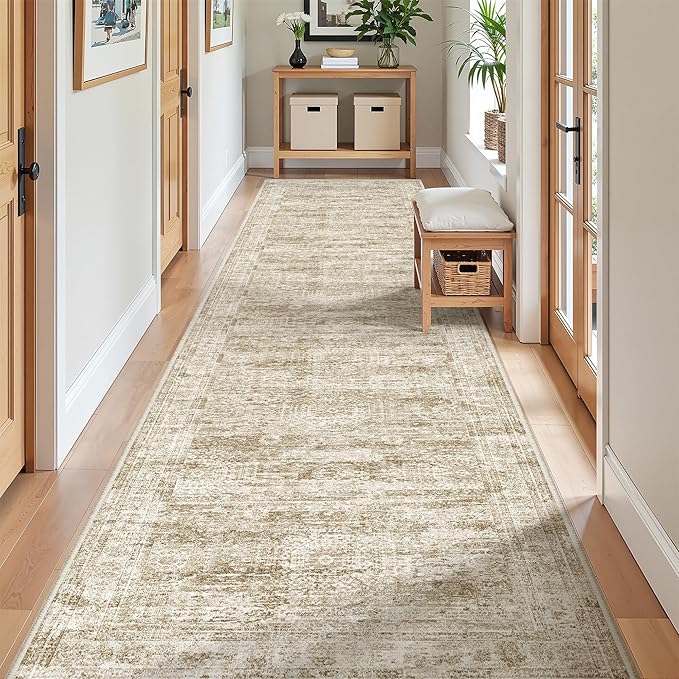 Kitchen Runner Rugs Non Skid Washable - 2.5 x 10 Runner Rug with Anti Slip Backing, Ultra-Thin Soft Rug Runner for Hallway, Bedroom, Living Room (2.5'x10', Brown/Ivory)