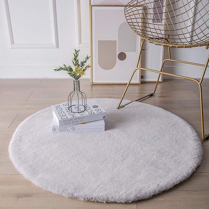Ashler HOME DECO Ultra Soft Faux Rabbit Fur Chair Couch Cover Area Rug for Bedroom Floor Sofa Living Room Grey Round 3 x 3 Feet