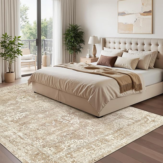 Madane 5x7 Area Rugs for Living Room, Washable Vintage Natural Rug with Non-Slip Backing, Soft Floral Print Throw Rugs Floor Low Pile Carpet for Bedroom Dining Room Farmhouse (5 x 7, Beige/Brown)