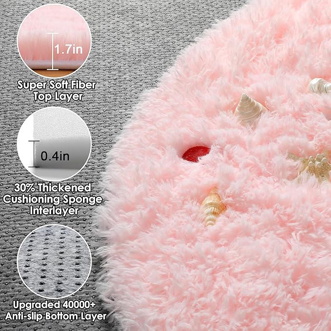 ONASAR Light Pink Round Area Rugs 5ft for Bedroom Living Room, Fluffy Circle Rug for Kids Girls Boys Teen, Soft Plush Shaggy Carpet for Nursery Dorm Classroom Playroom Home Decor Aesthetic