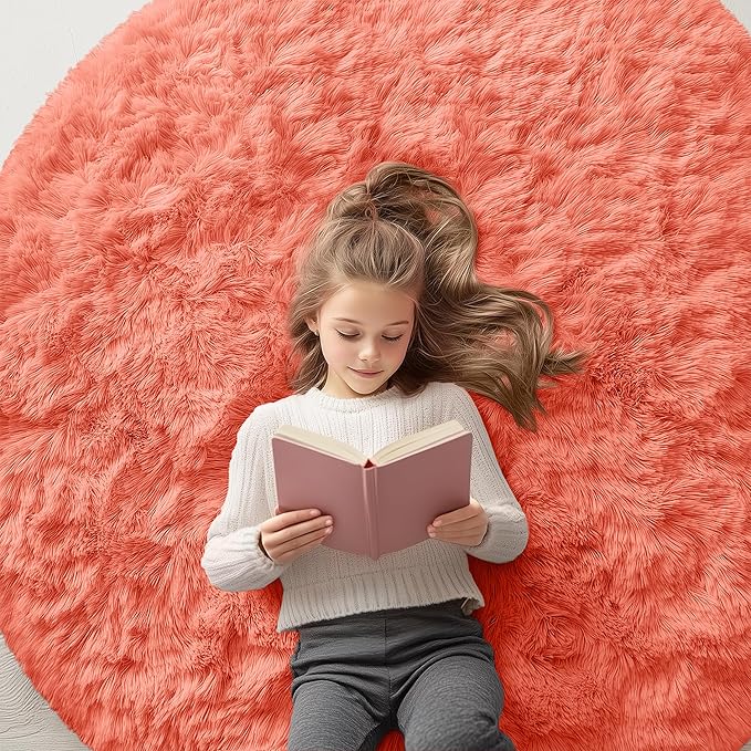 OLANLY Coral Red Round Rugs for Bedroom - Machine Washable, 5 ft Circle Area Rugs for Living Room, Soft and Fluffy Shaggy Carpet for Teen Girl and Boys, Nursery Rooms, Dorms, Home Decor Aesthetic