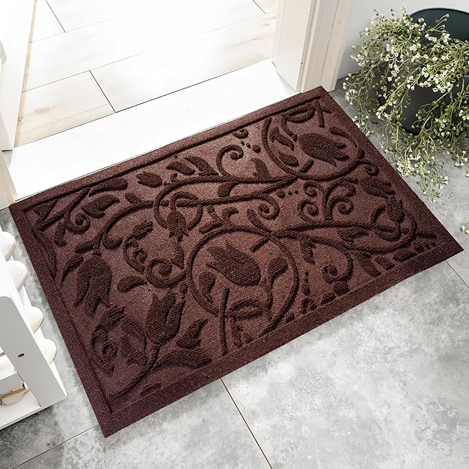ViveNest Boho Coffee Brown Floral Leaves Outdoor Indoor Entrance Doormats, Absorbent Durable Heavy Duty Welcome Front Door Mat,Thick Natural Rubber Back,Easy Clean Entryway Mat 17x30 Inch, Low Profile