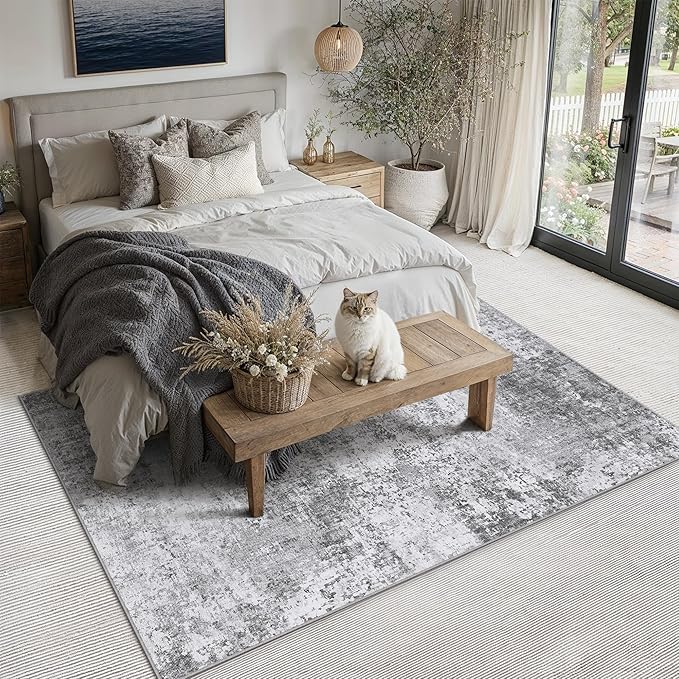 PureCozy 5x7 Grey Area Rug Washable Non Slip Modern Abstract Living Room Carpet Neutral Low Pile Soft Gray Bedroom Contemporary Throw Rug Indoor for Kitchen Office Laundry Dining Room