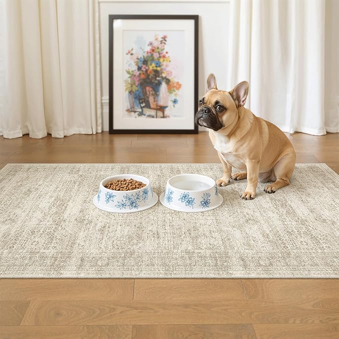 2x4 Washable Rugs for Kitchen, Floor, Entryway, Powder Room Small Area Rug Non-Slip Vintage Low Pile Throw Door Mat Beige