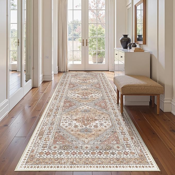 3x10 Runner Rug Non Slip Washable for Entryway, Front Porch, Vintage Hallway Runner for Laundry Room, Bedroom, Stain Resistant Thin Indoor Kitchen Mats for Floor(Orange,3'x10')