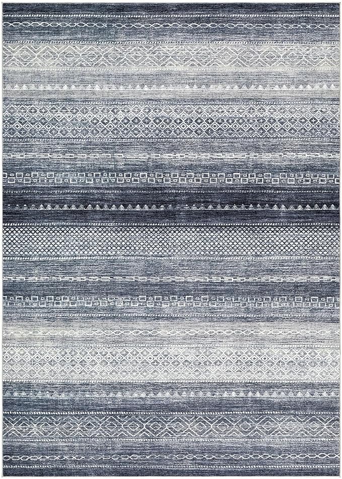 Nakagishi Area Rug Living Room Rugs: 4X6 Machine Washable Boho Large Neutral Farmhouse Stain Resistant Moroccan Indoor Floor Carpet for Bedroom Nursery Dorm Dining Room Home-Denim Blue
