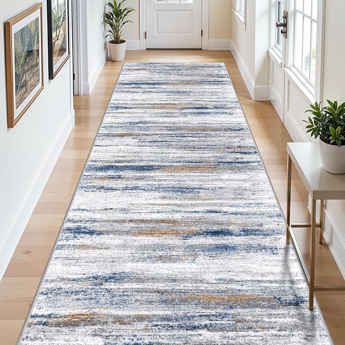 5x12 Runner Rug for Wide Hallway: Long Washable Runners for Entryway Living Room Dining Room - Stain and Water Resistant Rugs with Non-Slip Backing - Soft Low-Pile Carpet Navy Grey
