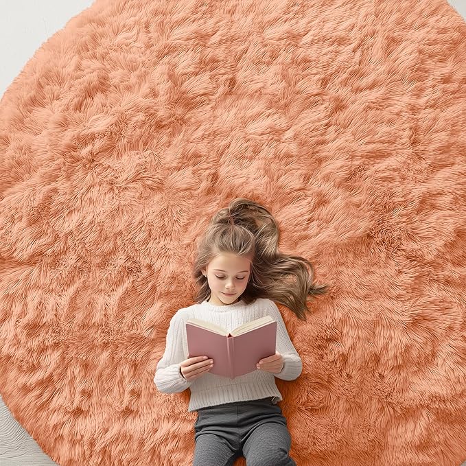 OLANLY Muted Orange Round Rugs for Bedroom - Machine Washable, 8 ft Circle Area Rugs for Living Room, Soft and Fluffy Shaggy Carpet for Teen Girl and Boys, Nursery Rooms, Dorms, Home Decor Aesthetic