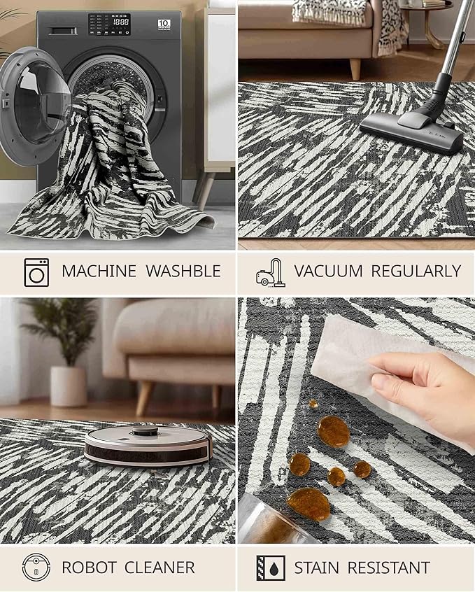 Latte&Fog 6x9 Area Rugs for Living Room Bedroom, Modern Abstract Washable Rug, Boho Non Slip Low Pile Carpet for Indoor Dining Room,Dorm, Classroom, College Dorm,Farmhouse and Kids Room - Black White