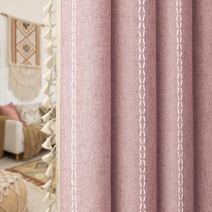 Boho Blackout Curtains 2 Panels 84 Inch for Living Room Bedroom,Pink Linen Texture Farmhouse Curtains with Tassels and Cotton Embroidery Vintage Rustic Western Rod Pocket