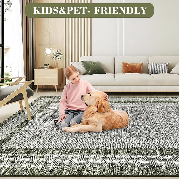 GarveeHome 2x6 Modern Bordered Runner Rug Soft Non Slip Runner Washable Non Shedding Floor Carpet, Distressed Geometric Hallway Runner, Indoor Printed Runner for Kitchen, Entrance, Green