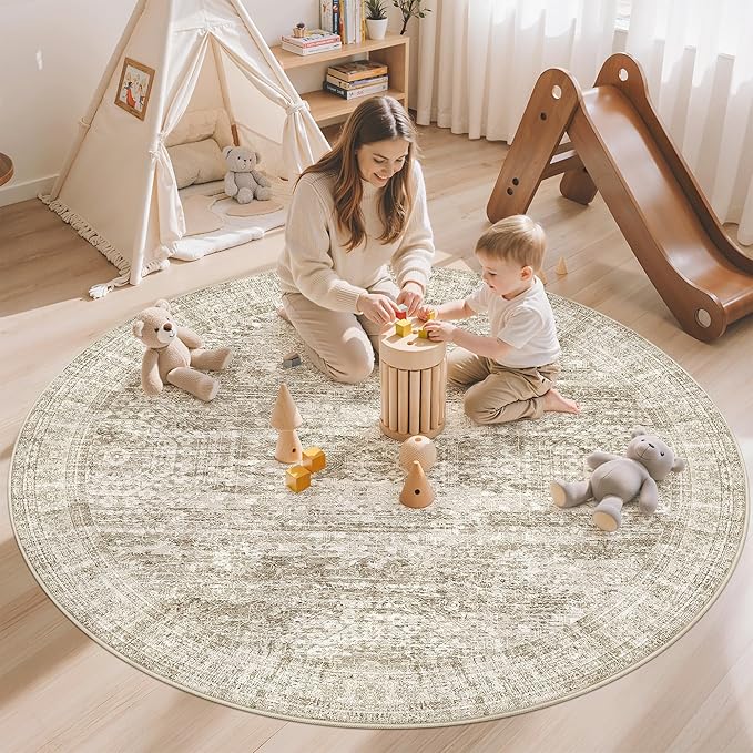 6x6 Brown Round Rug 6ft Living Room Circle Rug Vintage Round Area Rug Non Slip Indoor Carpet for Dining Room Bedroom