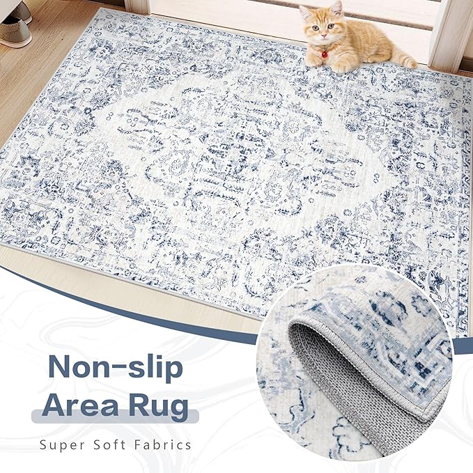 10x14 Area Rugs for Living Room: Washable Rug Vintage Large Rugs Soft Non Slip Low Pile Rug Floral Distressed Floor Carpet for Bedroom Nursery Dining Room Home Office (Blue,10'x14')