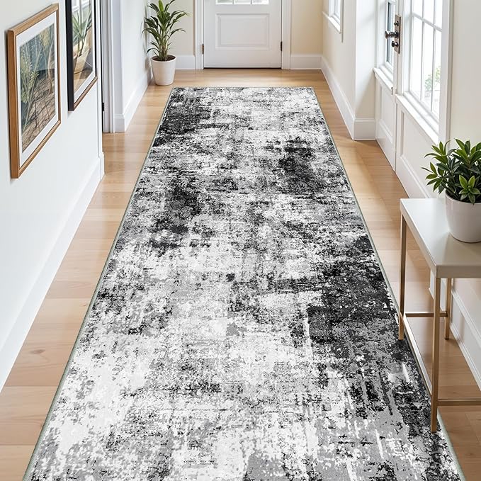 4x12 Runner Rug for Wide Hallway: Long Washable Runners for Entryway Living Room Dining Room - Stain and Water Resistant Rugs with Non-Slip Backing - Soft Low-Pile Carpet Black Grey