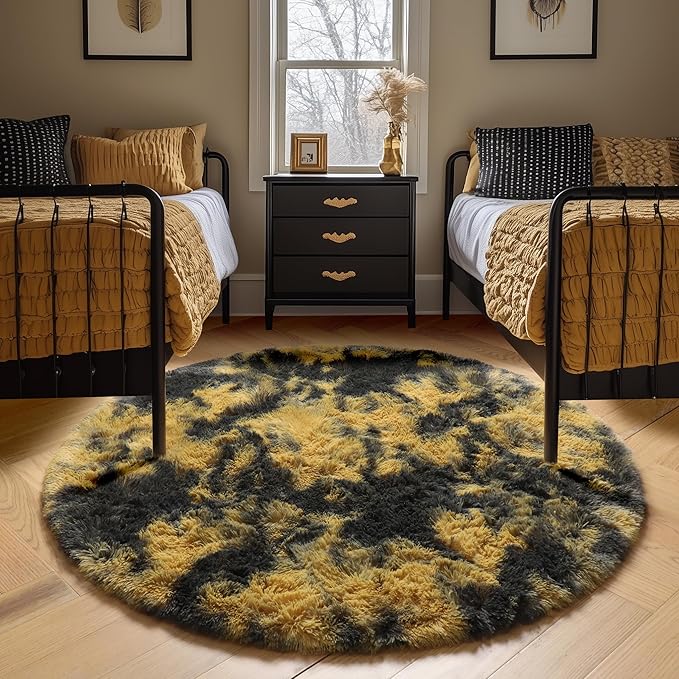 Amdrebio Black Gold Yellow Grey Round Circle Rugs 5Ft for Bedroom Living Room Decor, Fluffy Furry Area Rug for Kids Room Dorm Home Office, Modern Cool Leopard Cheetah Shag Carpet for Teen Boys Men