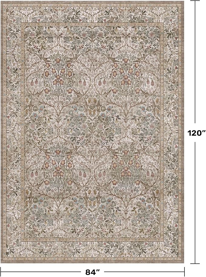Hazo Haus Vintage Moss Green Living Room Rug, 7x10 Washable Large Area Rugs for Bedroom, Dining Room Rugs Under Kitchen Table, Oriental Taupe Low Pile Stain Resistant Non-Slip