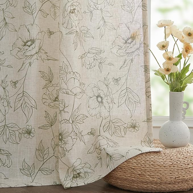 jinchan Floral Linen Curtains for Living Room 63 Inch Length Green Flower Curtain Rod Pocket Back Tab Farmhouse Curtains with Printed Floral Bedroom Window Curtain Set, 2 Panels Green
