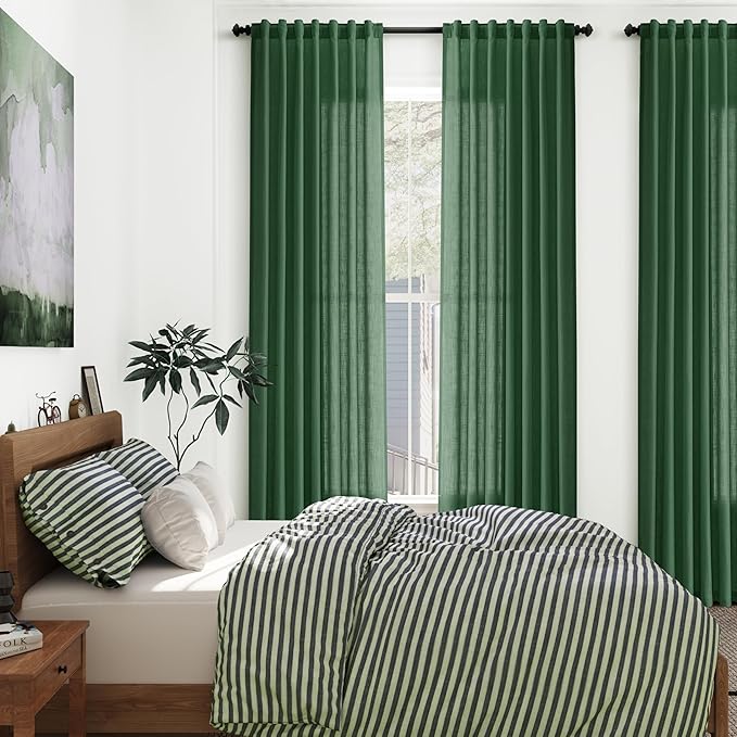 Nanspring Green Boho Curtains for Bedroom Back Tab Rod Pocket Semi Sheer Linen Curtains 90 Inches Long 2 Panel Set Light Filtering Neutral Farmhouse Lightweight Drapes for Living Room 52x90