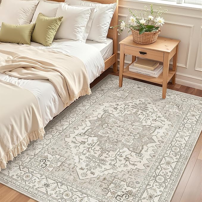 Madane Area Rug 3x5, Entryway Washable Vintage Runners Bedroom Non Slip Indoor Kitchen Runner for Living Room Laundry Room Playroom Soft Non-Slip Area Rugs, Beige/Brown