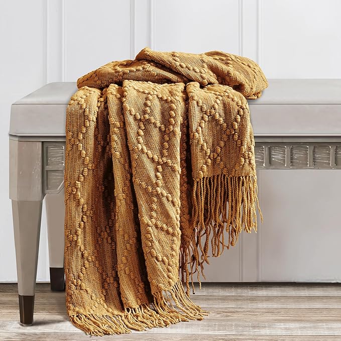 BOURINA Almond Throw Blanket 50 x70 Inches Jacquard Argyle Throw Textured Solid Soft Throws and Blankets for Sofa or Bed Knitted Decorative Blanket