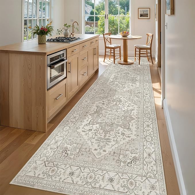 Madane 3x12 Hallway Runner Rug, Non Slip Washable 12ft Runner for Hallways Soft Vintage Kitchen Rugs Low-Pile Thin Floor Carpet Runner for Entryway Bathroom Bedroom, Beige/Brown
