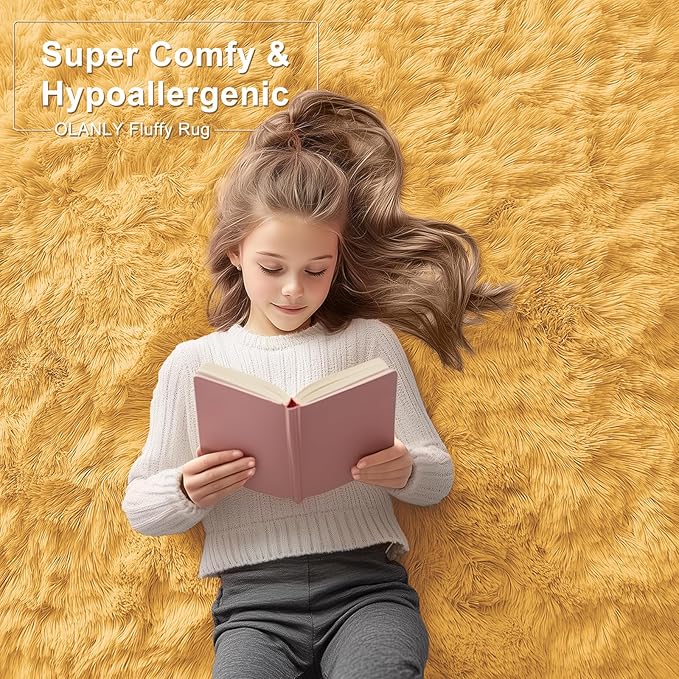 OLANLY 6x9 Machine Washable Large Area Rugs for Living Room, Bedroom, Soft Fluffy Shaggy Bedside Rug, Indoor Floor Carpet for Kids Girls and Boys, Dorms, Nursery, Home Decor Aesthetic, Mustard Yellow