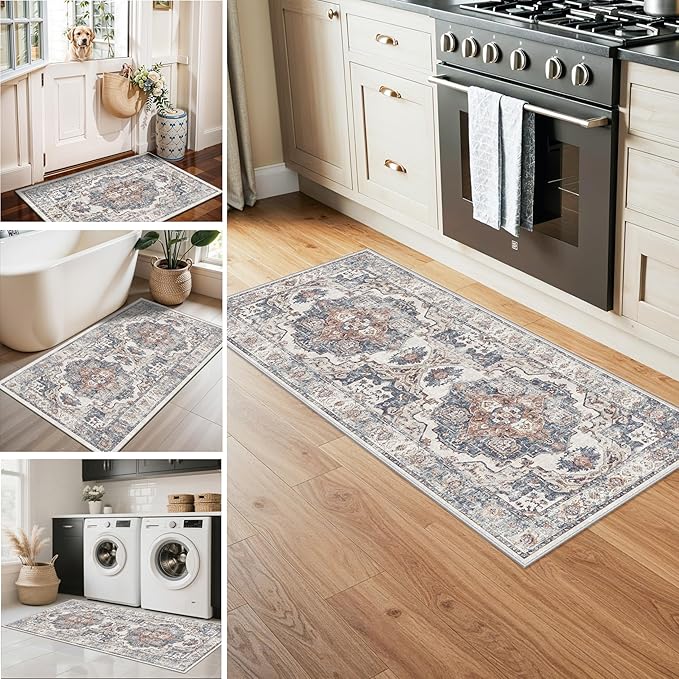 4 Pieces Kitchen Rug Set: Washable Water Resisitant Carpet for Sink Stove Area Soft Floor Mats with Non-Slip Backing for Bathroom Low-Pile Runners for Family with Elderly Dogs(2x3+2x4+2x5+2x6,Brick)