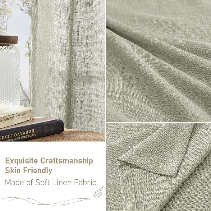 LAMIT Sage Grey Sheer Linen Curtains, 108 inch Light Filtering Semi Sheer Panels Back Tab and Rod Pocket Farmhouse Rust Drapes for Bedroom/Living Room, 2 Panels, 52 x 108 Inch