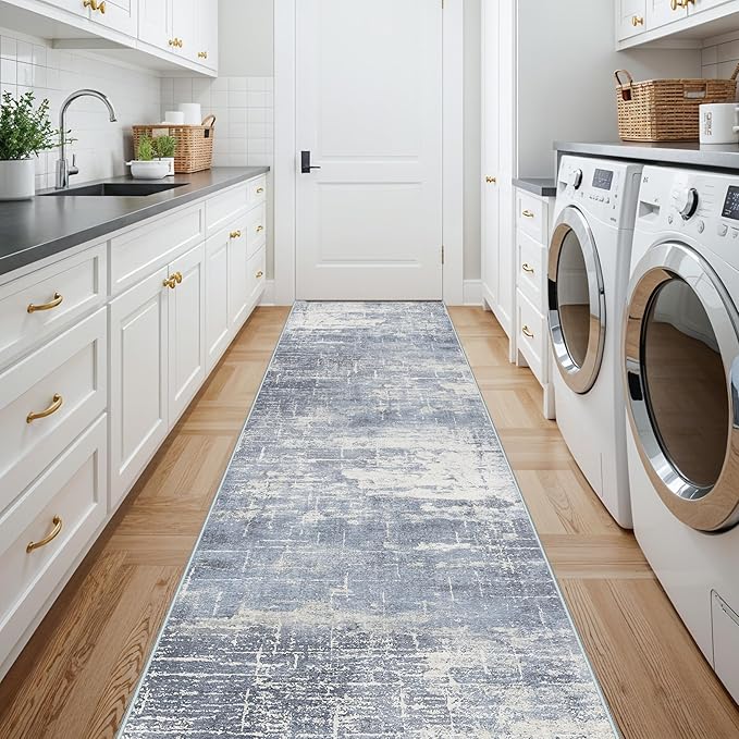 Washable 12ft Hallway Runner Rug: Non-Slip 2'6x12 Kitchen Rugs Low-Pile Entryway Rug Runner Abstract Soft Bedroom Floor Mat Farmhouse Carpet for Bathroom Living Room Dining Room(2'6x12,Blue/Ivory)