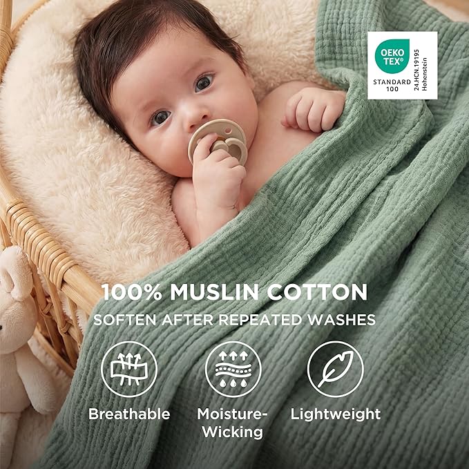 Bedsure 100% Cotton Muslin Throw Blanket Twin XL for Bed - 4-Layer Breathable and Lightweight Thin Soft Summer Gauze Muslin Blankets for Adults, Sage Green, 66x90 Inches