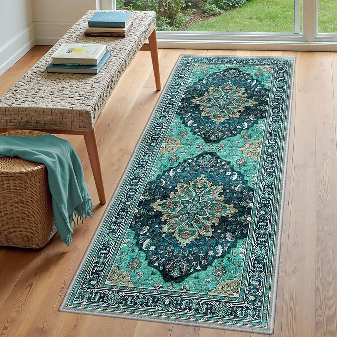 Area Rugs 3'x8' Runner Rug Non Slip Washable for Kitchen Hallway Bedroom Beside Laundry Room Bathroom Rug, Floor Carpet, Teal Green Lake Blue Turquoise