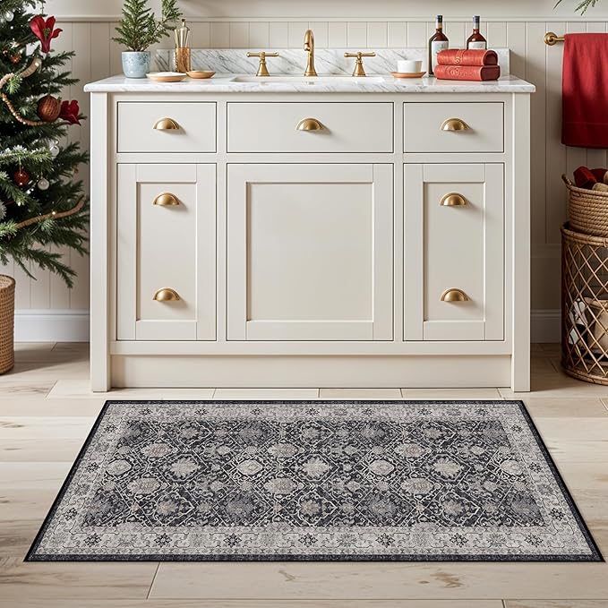Entryway 2x4 Washable Area Rug: Oriental Stain Resistant Kitchen Runner Rugs Farmhouse Ultra Soft Bathroom Bedroom Print Floor Mat Thin Non Slip Indoor Carpet for Living Room Laudry Room(2x4,Black)